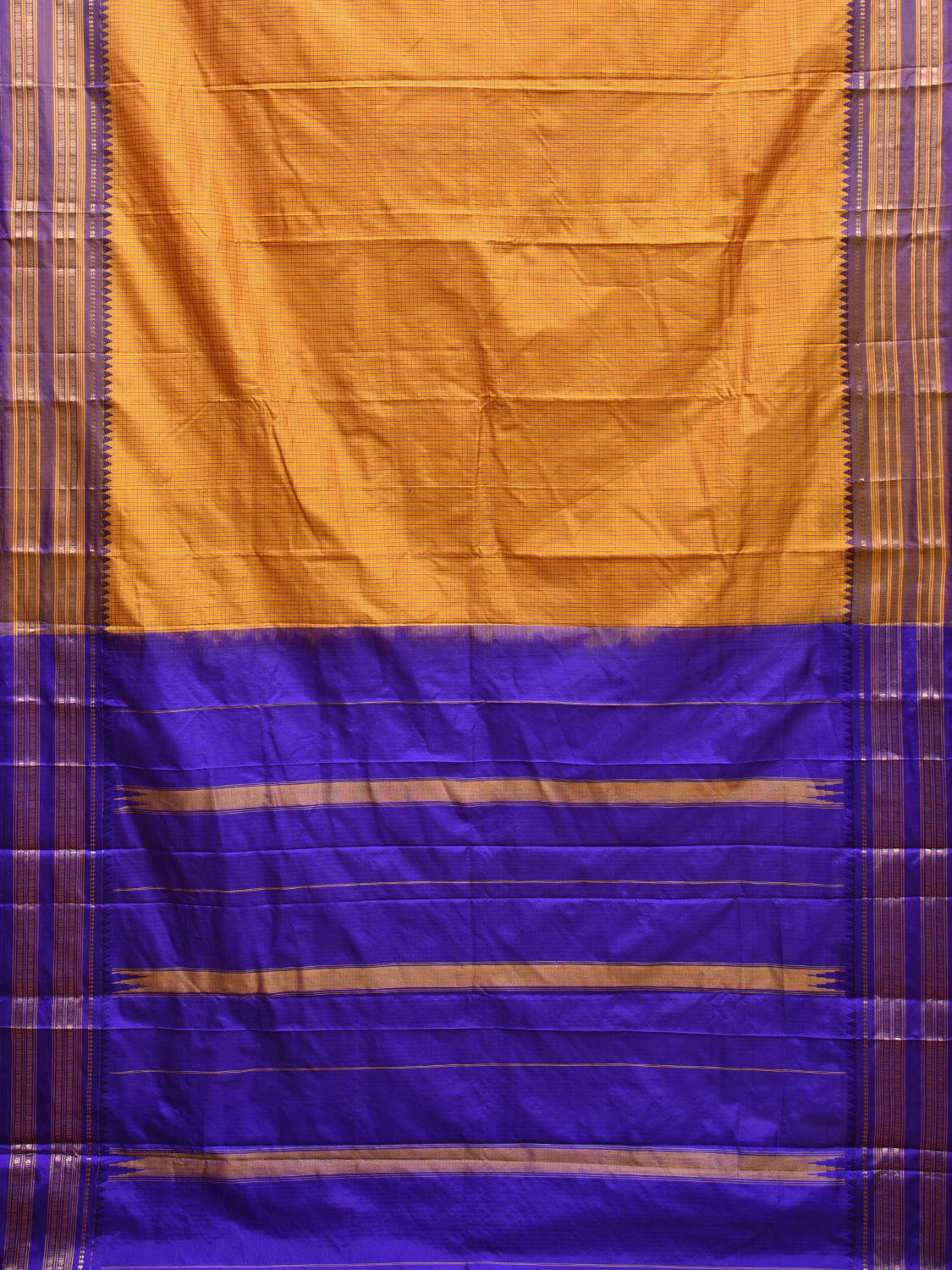 Yellow and Blue Narayanpet Silk Handloom Saree with Checks Design np0955