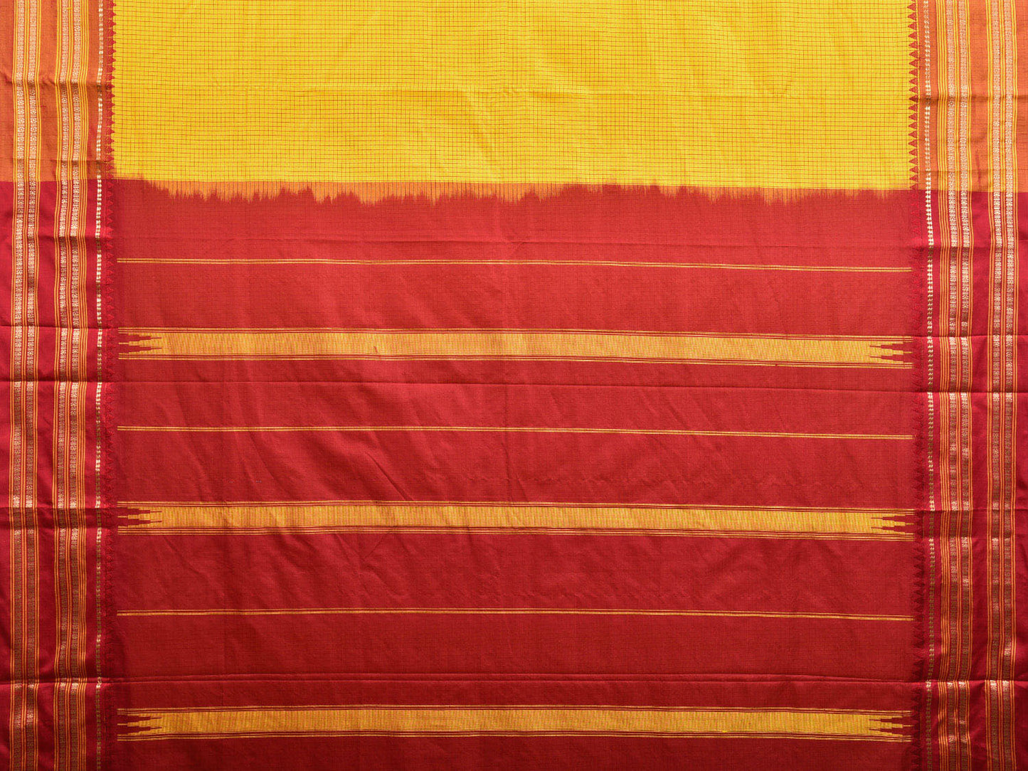 Yellow and Red Narayanpet Silk Handloom Saree with Checks Design np0957