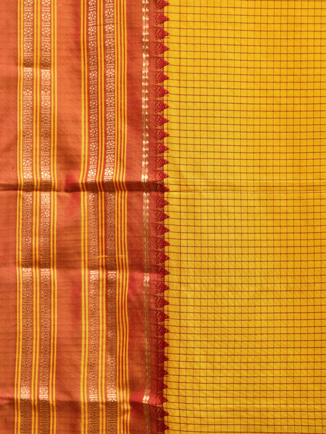 Yellow and Red Narayanpet Silk Handloom Saree with Checks Design np0957