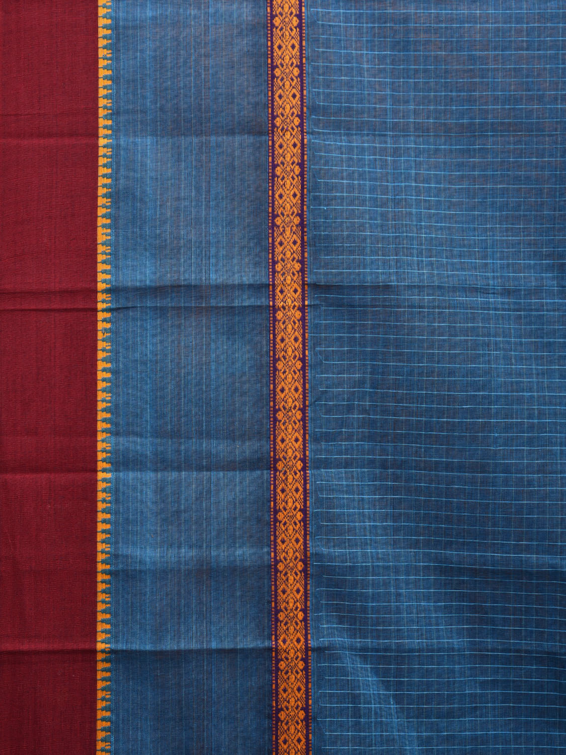 Blue and Maroon Narayanpet Cotton Handloom Saree with Checks Design No Blouse np0961