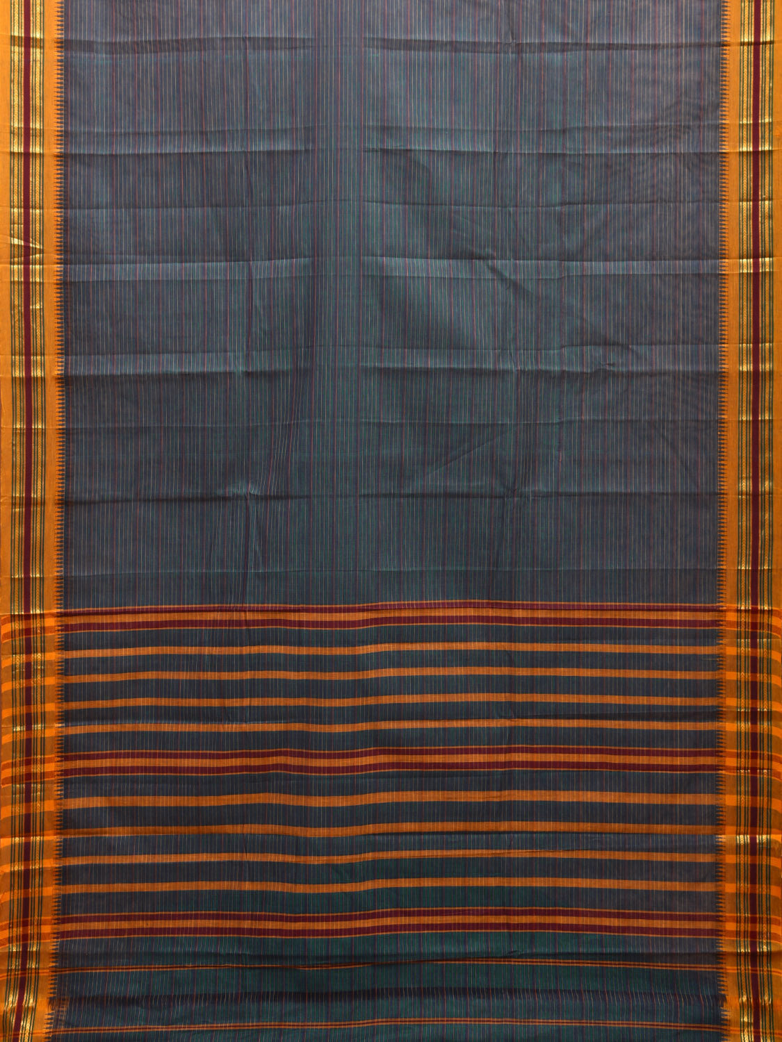Teal and Yellow Narayanpet Cotton Handloom Saree with Strips Design No Blouse np0986