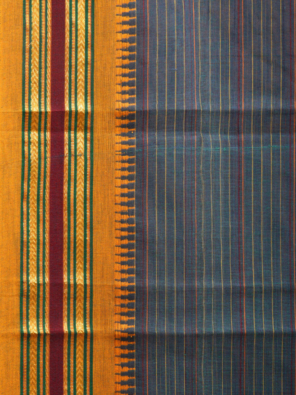Teal and Yellow Narayanpet Cotton Handloom Saree with Strips Design No Blouse np0986