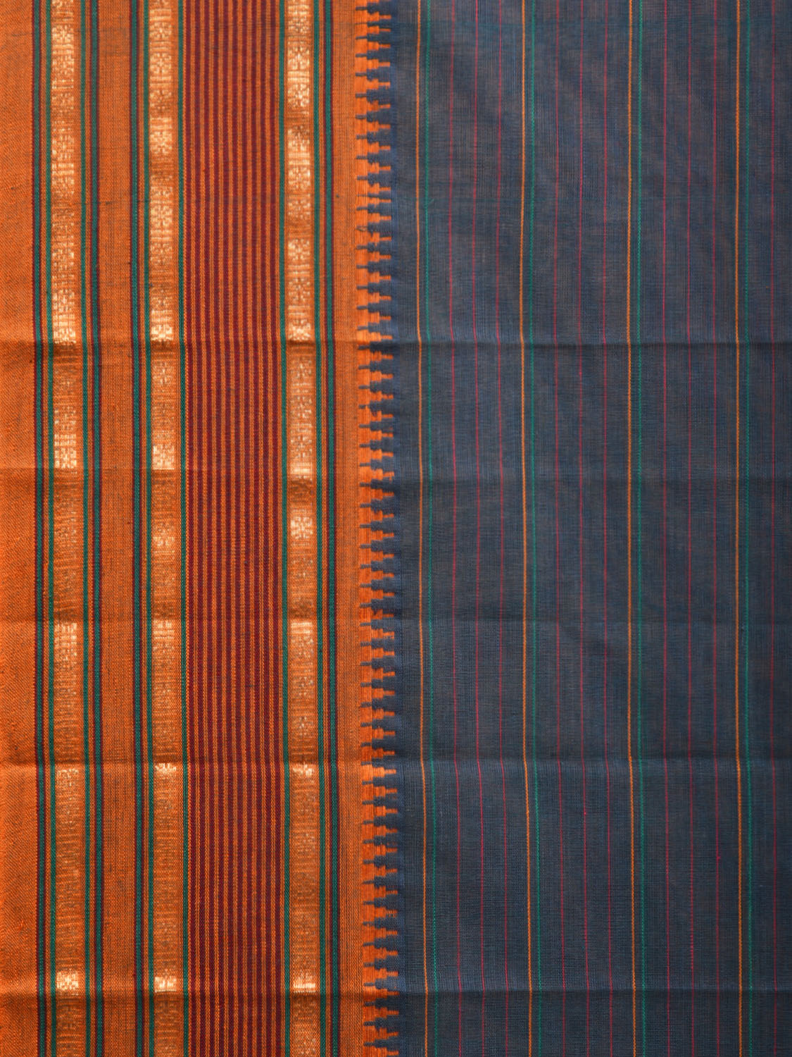 Dark Blue and Orange Narayanpet Cotton Handloom Saree with Strips Design No Blouse np0991
