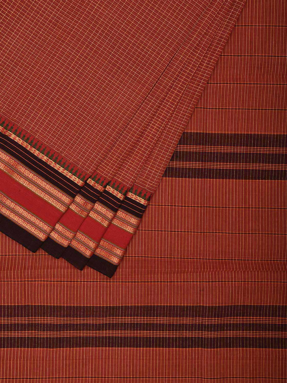 Rust Narayanpet Cotton Handloom Saree with Checks Design No Blouse np0997