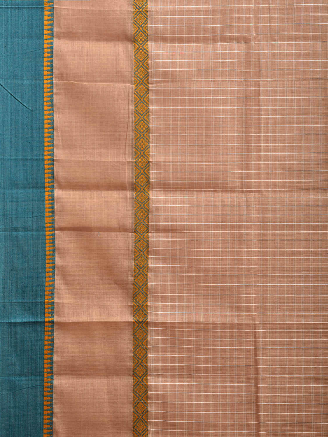 Light Fawn and Teal Narayanpet Cotton Handloom Saree with Big Border and Checks Design No Blouse np1088
