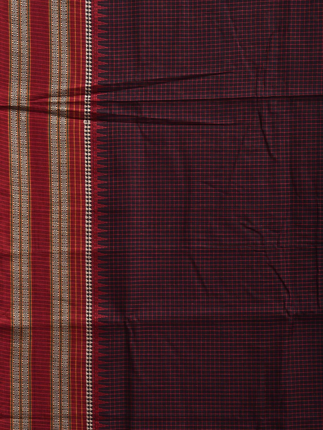 Navy and Red Narayanpet Cotton Saree with Checks and Strips Pallu Design No Blouse np1154