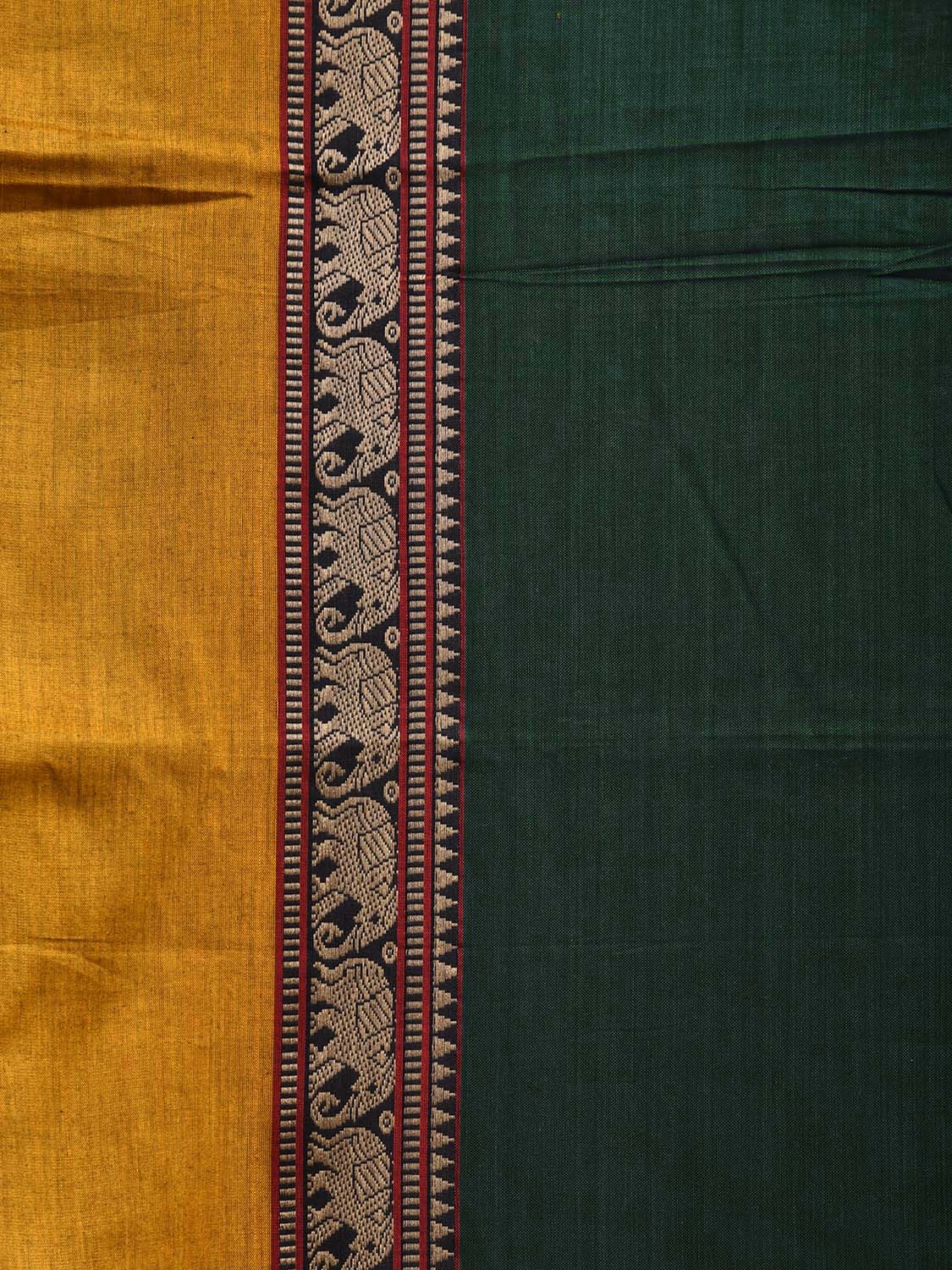 Green and Yellow Narayanpet Cotton Plain Saree with Strips Pallu and Border Design No Blouse np1156
