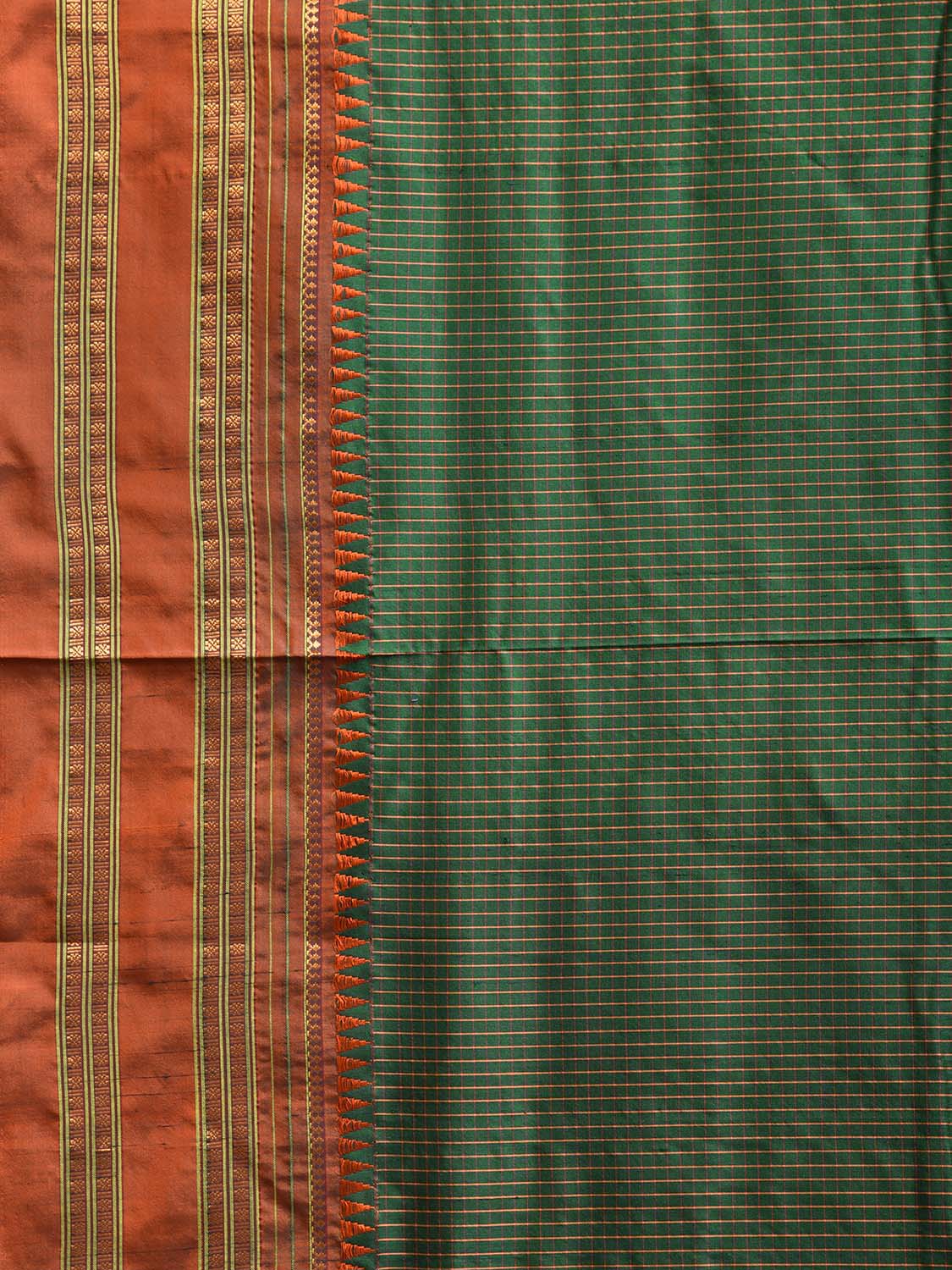 Green and Orange Narayanpet Silk Handloom Saree with Checks Design No Blouse np1178