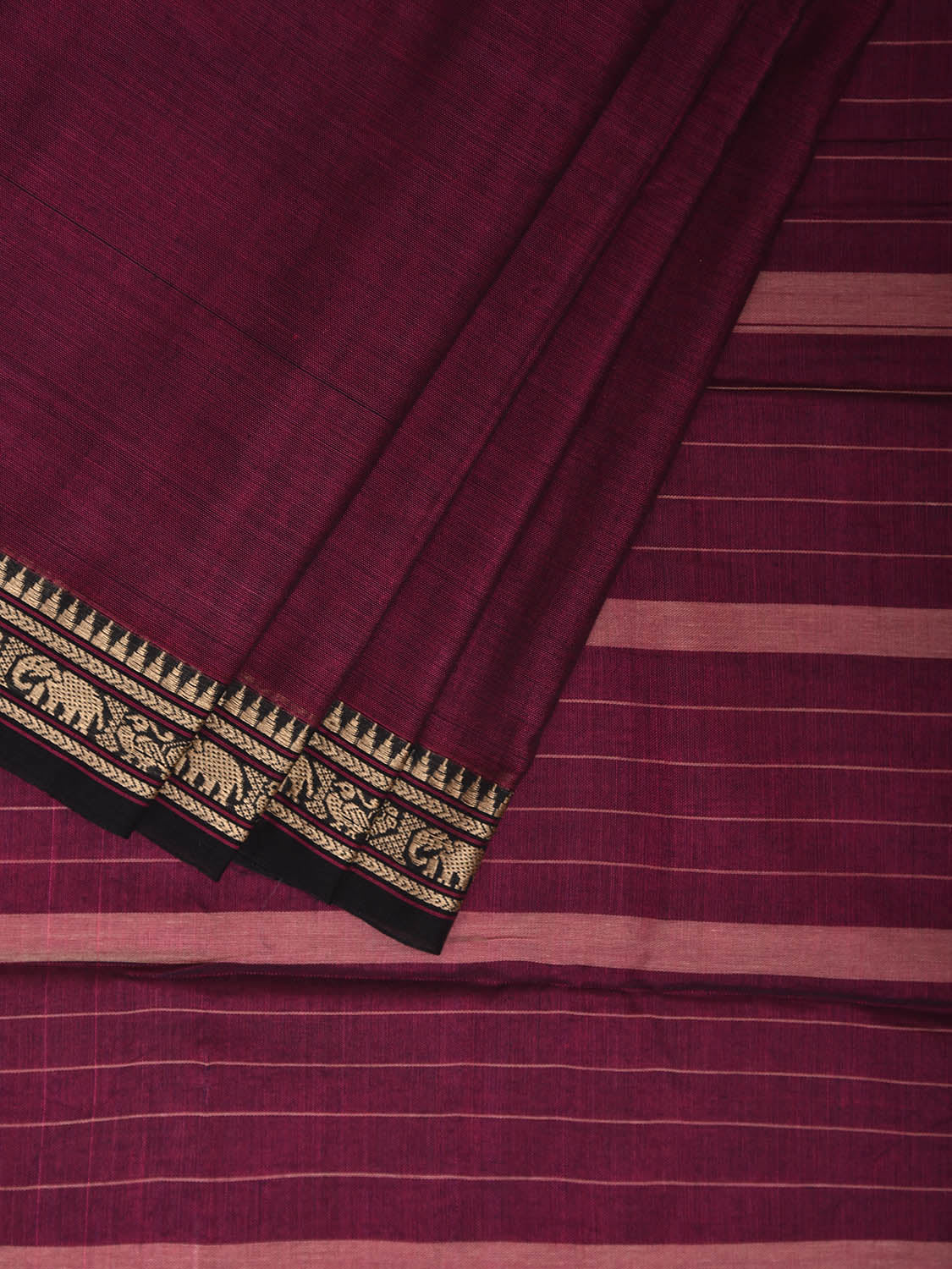 Wine Narayanpet Cotton Plain Saree with Small Border and Strips Pallu Design No Blouse np1200