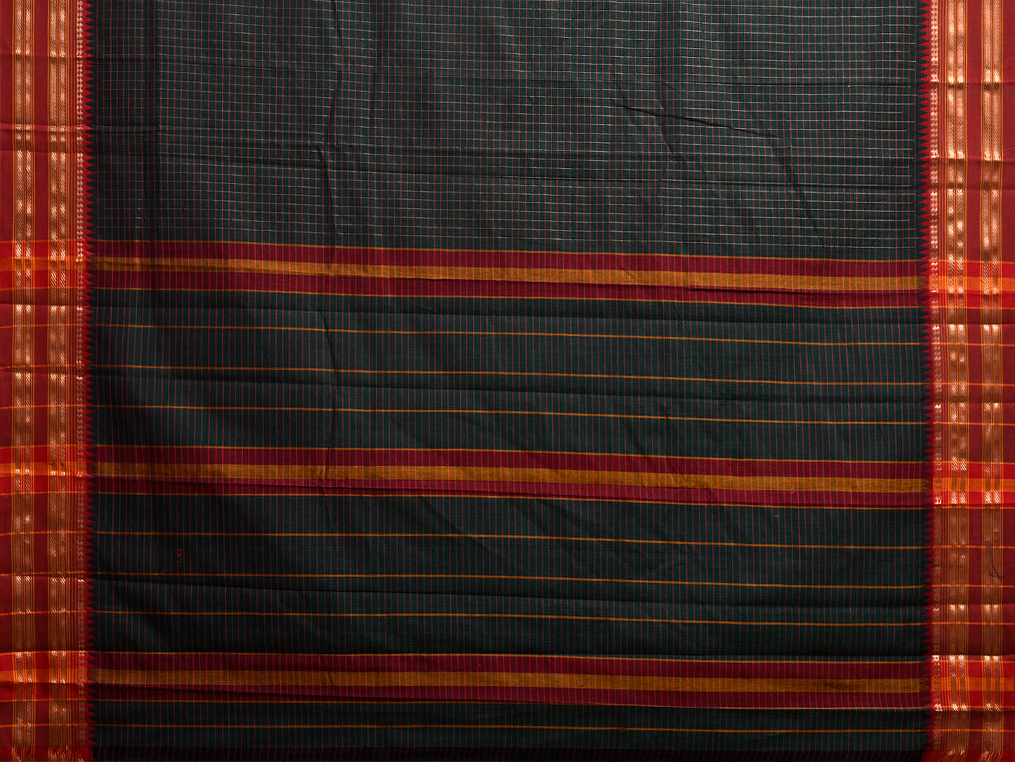 Black and Red Narayanpet Cotton Saree with Checks and Strips Pallu Design np1221