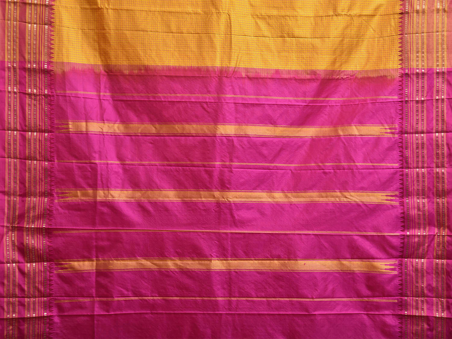 Yellow and Pink Narayanpet Silk Saree with Checks Design np1223