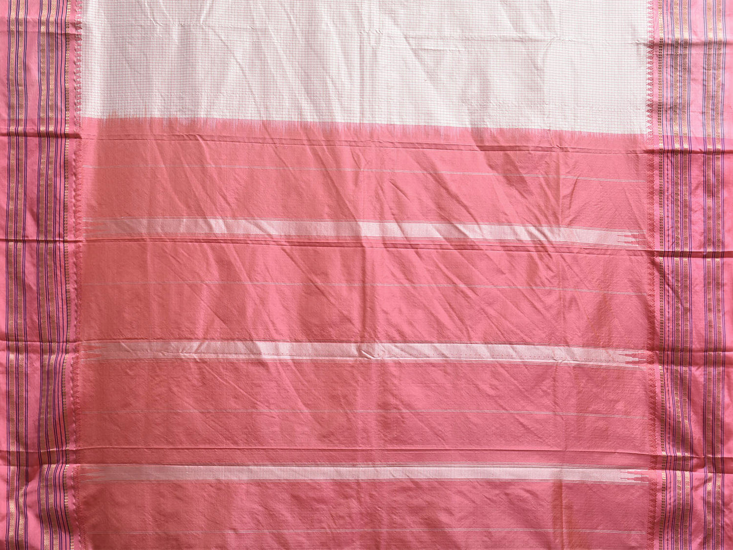 White and Peach Narayanpet Silk Saree with Checks Design np1224