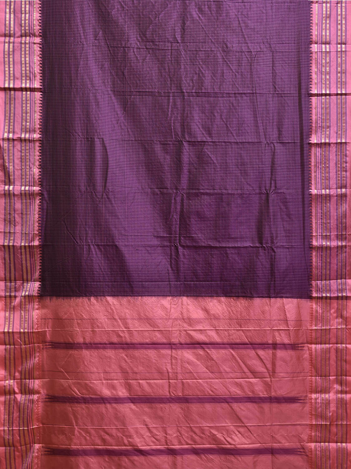 Wine and Peach Narayanpet Silk Saree with Checks Design np1228