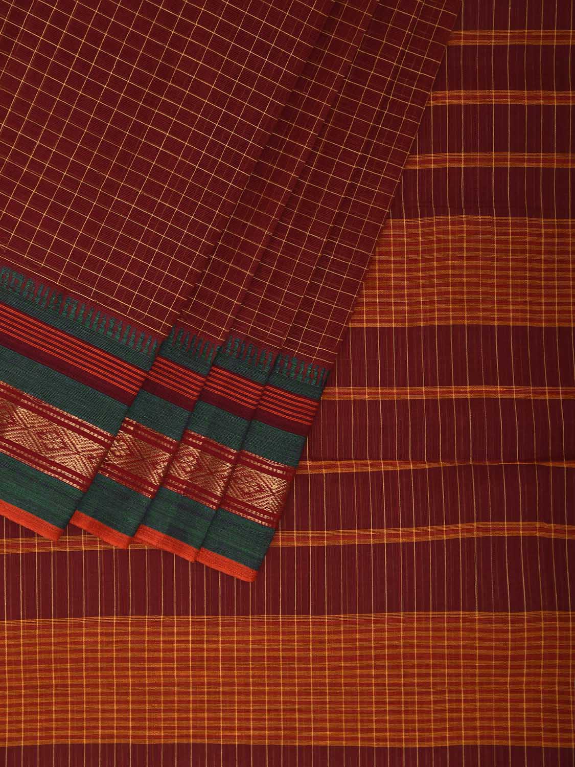 Dark Red and Green Narayanpet Cotton Saree with Checks and Strips Pallu Design No Blouse np1235