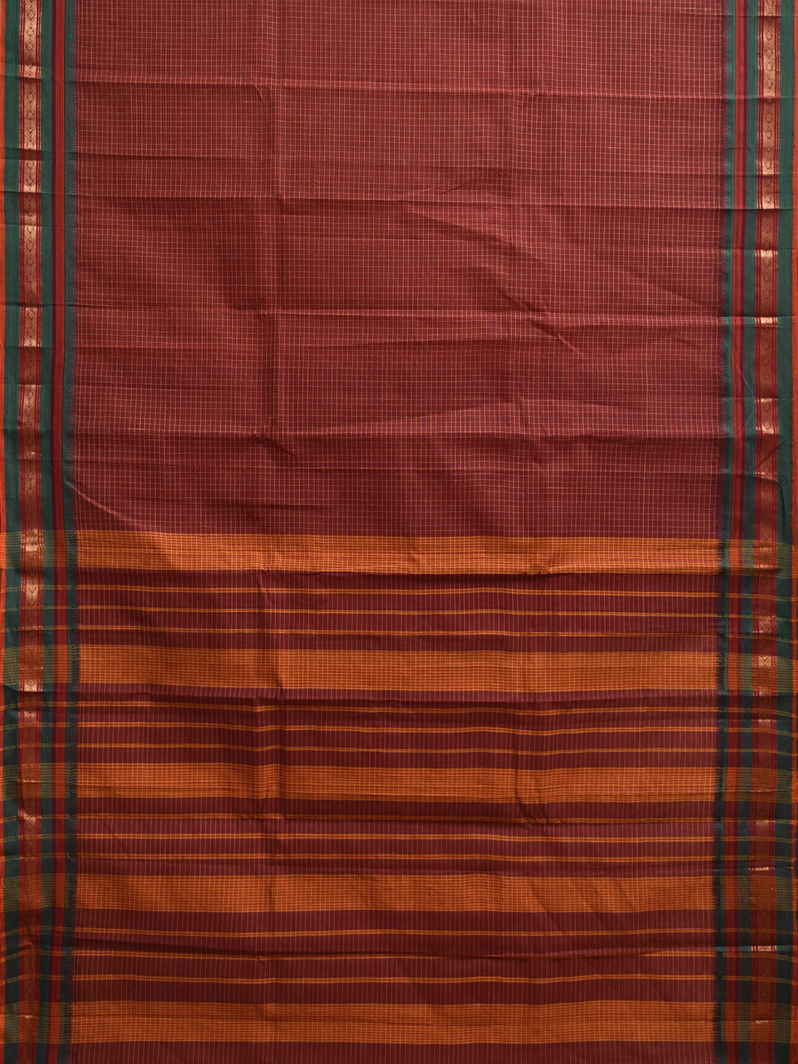 Dark Red and Green Narayanpet Cotton Saree with Checks and Strips Pallu Design No Blouse np1235