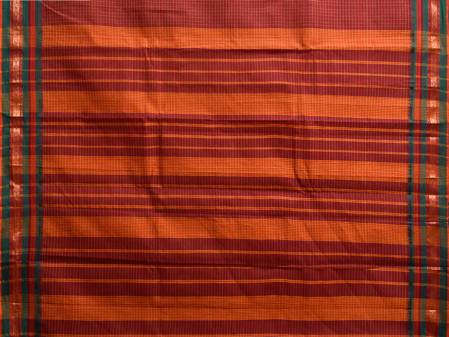 Dark Red and Green Narayanpet Cotton Saree with Checks and Strips Pallu Design No Blouse np1235