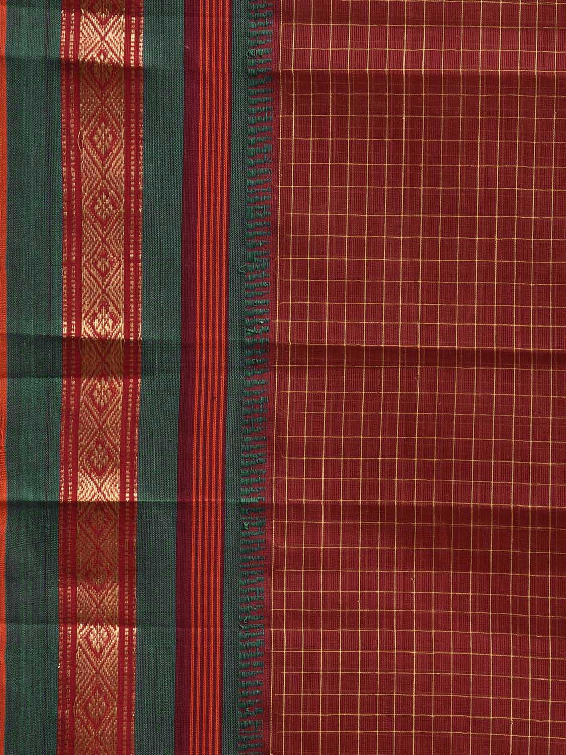 Dark Red and Green Narayanpet Cotton Saree with Checks and Strips Pallu Design No Blouse np1235
