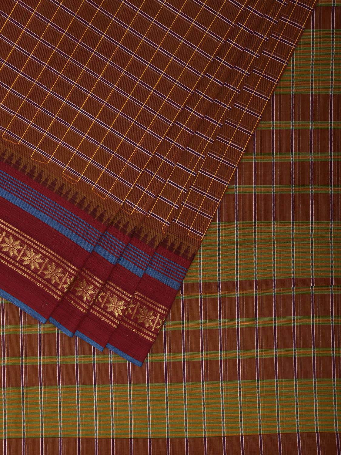 Rust and Dark Red Narayanpet Cotton Saree with Checks and Strips Pallu Design No Blouse np1238