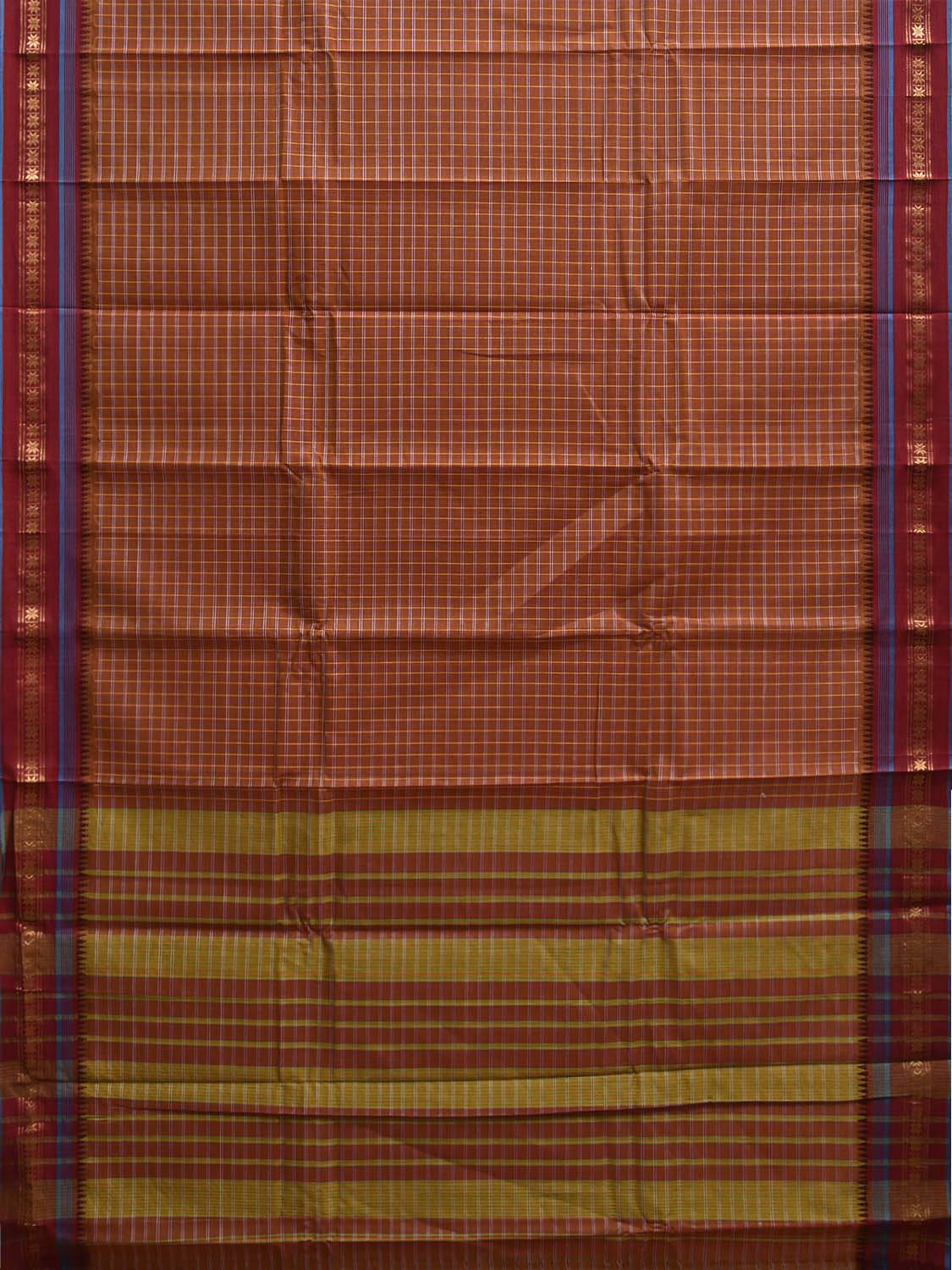 Rust and Dark Red Narayanpet Cotton Saree with Checks and Strips Pallu Design No Blouse np1238