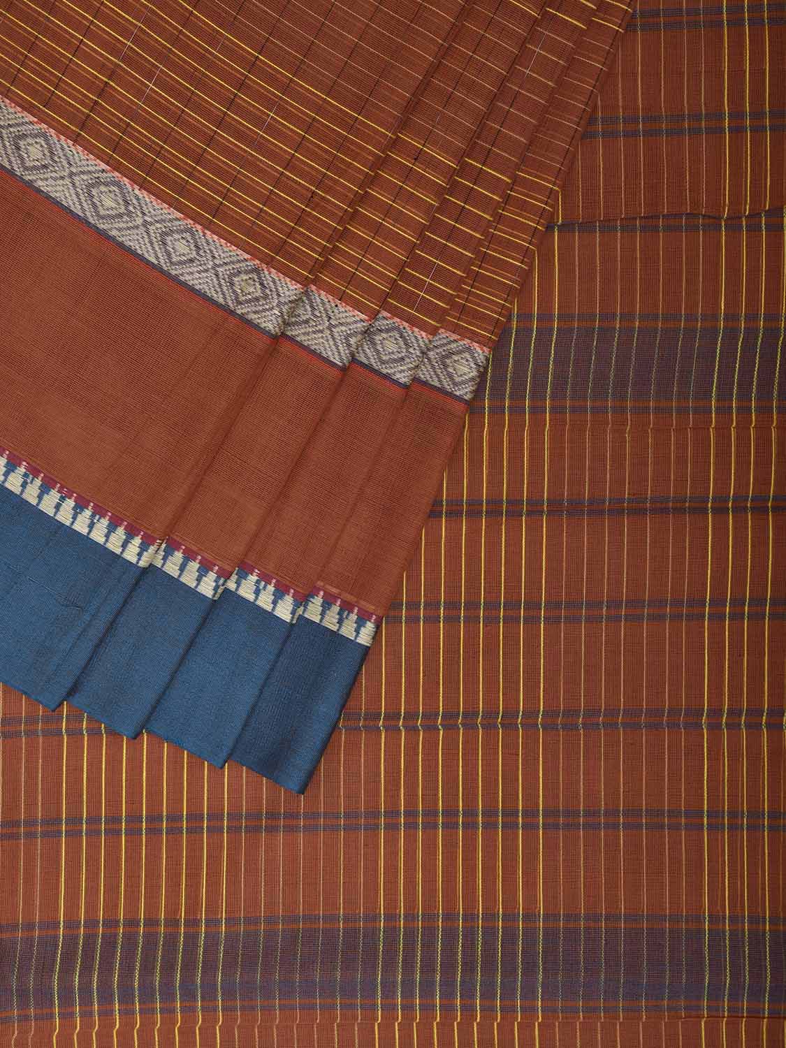 Rust and Teal Narayanpet Cotton Saree with Strips and Big Border Design No Blouse np1240