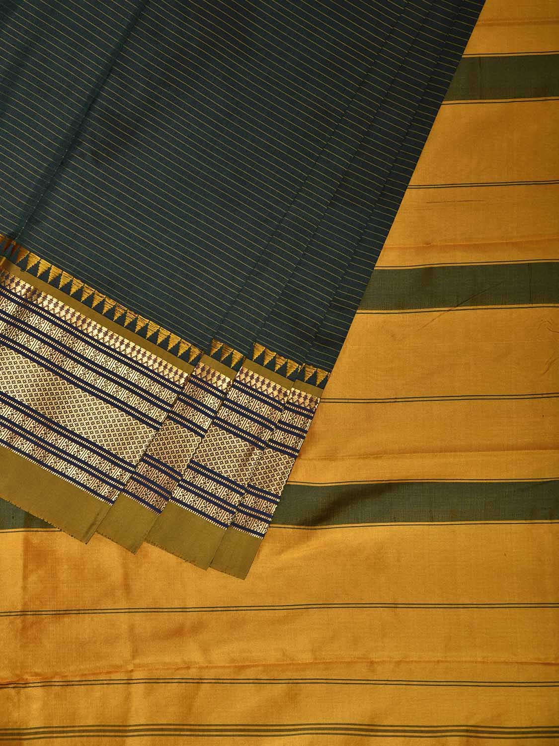 Dark Green and Yellow Narayanpet Silk Saree with Strips Design np1242