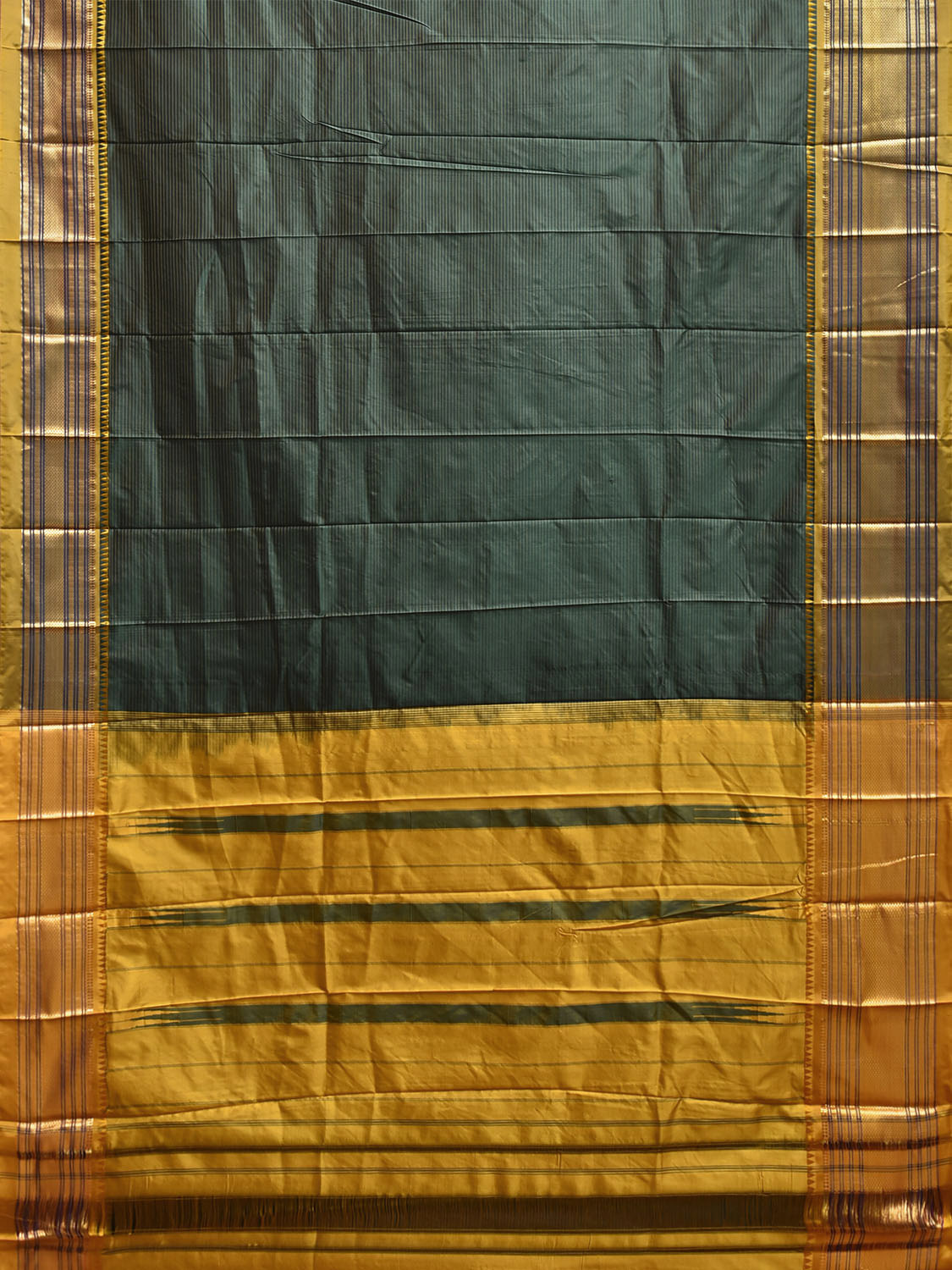 Dark Green and Yellow Narayanpet Silk Saree with Strips Design np1242