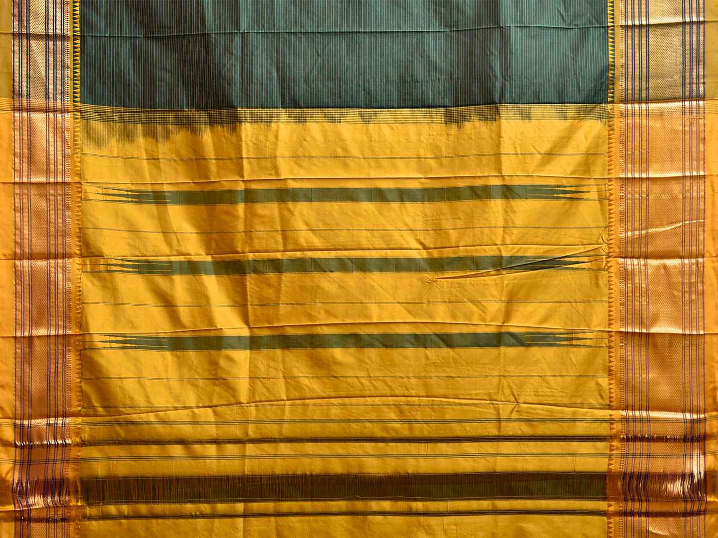 Dark Green and Yellow Narayanpet Silk Saree with Strips Design np1242