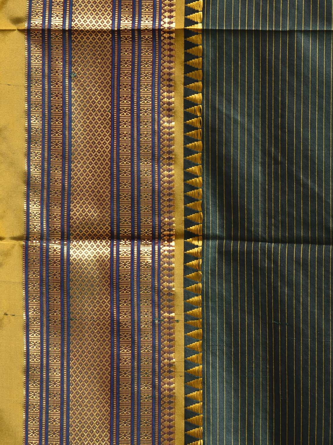Dark Green and Yellow Narayanpet Silk Saree with Strips Design np1242