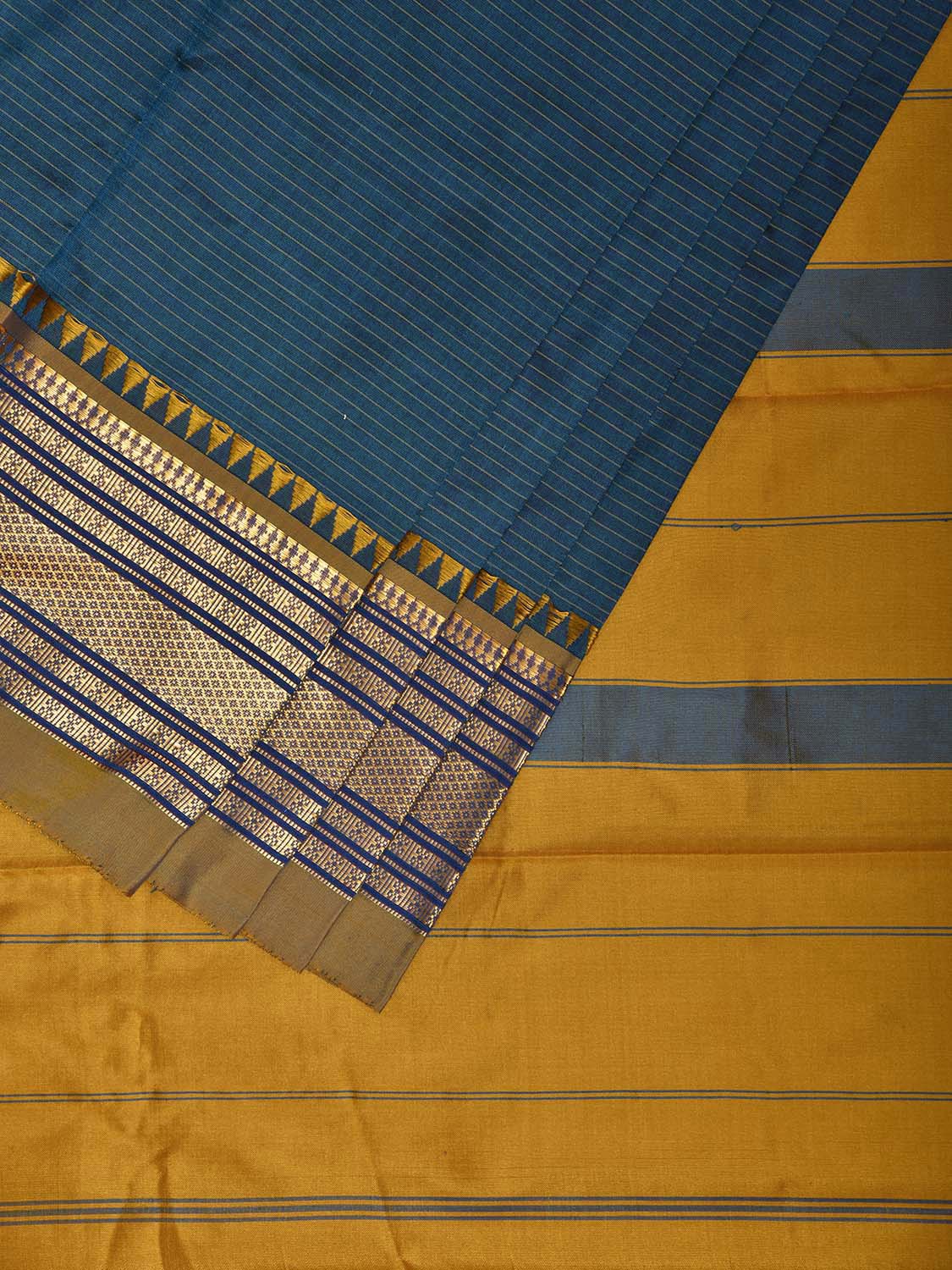 Teal and Yellow Narayanpet Silk Saree with Strips Design np1245