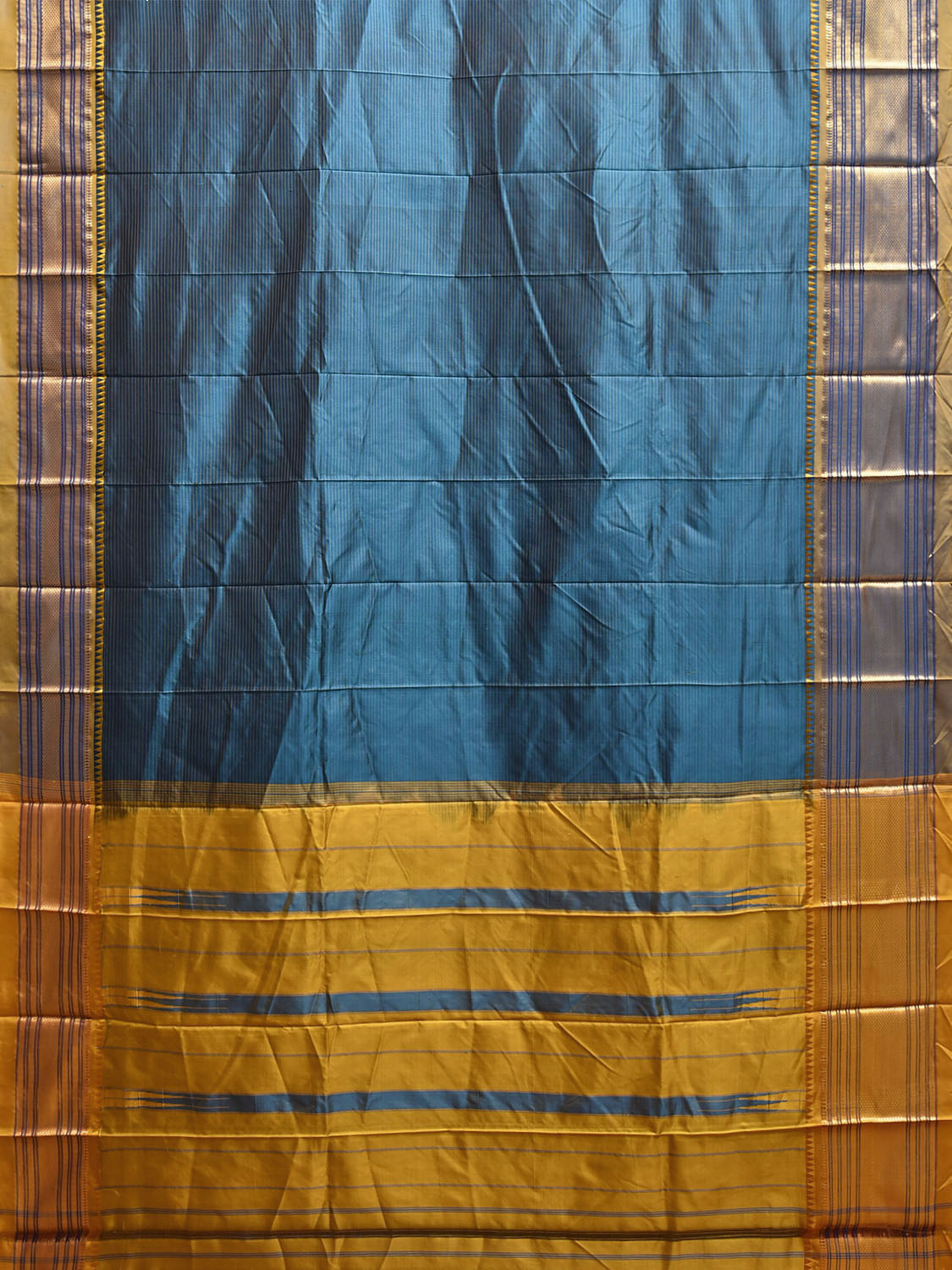 Teal and Yellow Narayanpet Silk Saree with Strips Design np1245