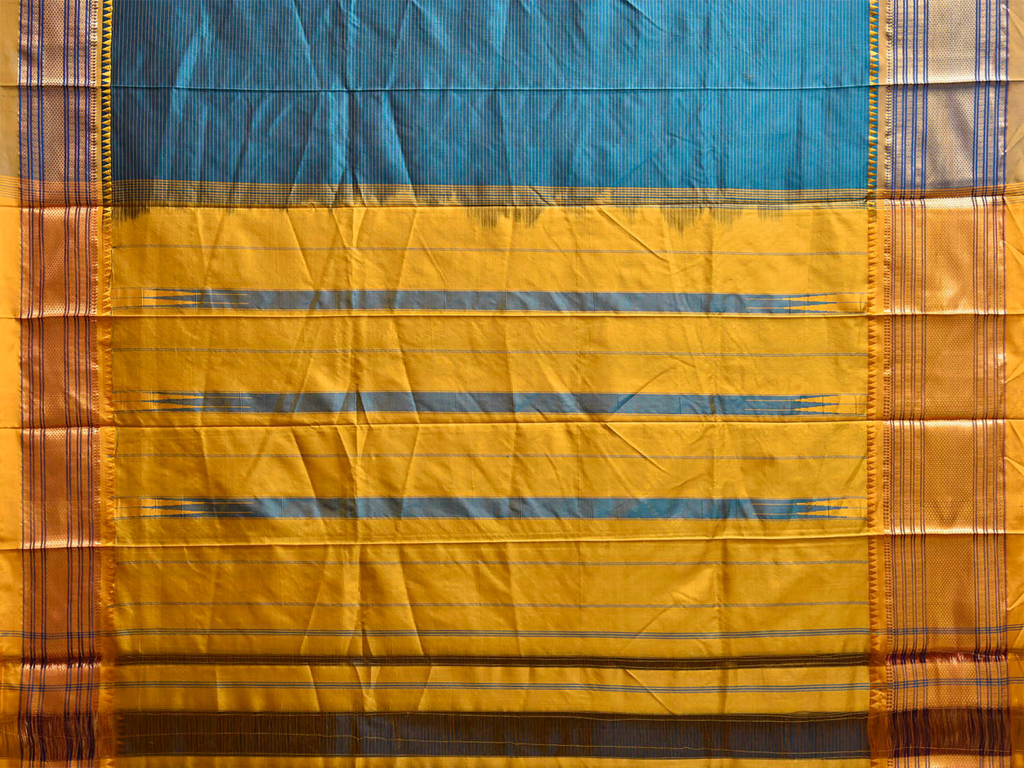 Teal and Yellow Narayanpet Silk Saree with Strips Design np1245