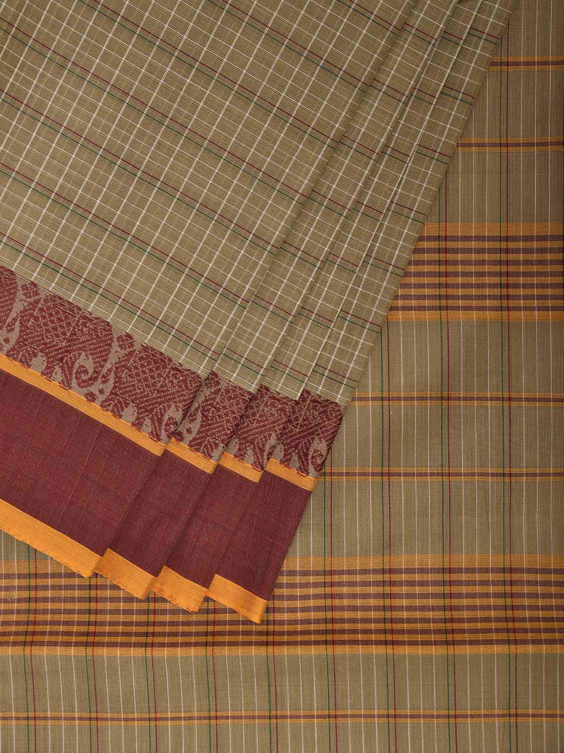 Cream and Maroon Narayanpet Cotton Handloom Saree with Strips and Elephant Border Design No Blouse np1250