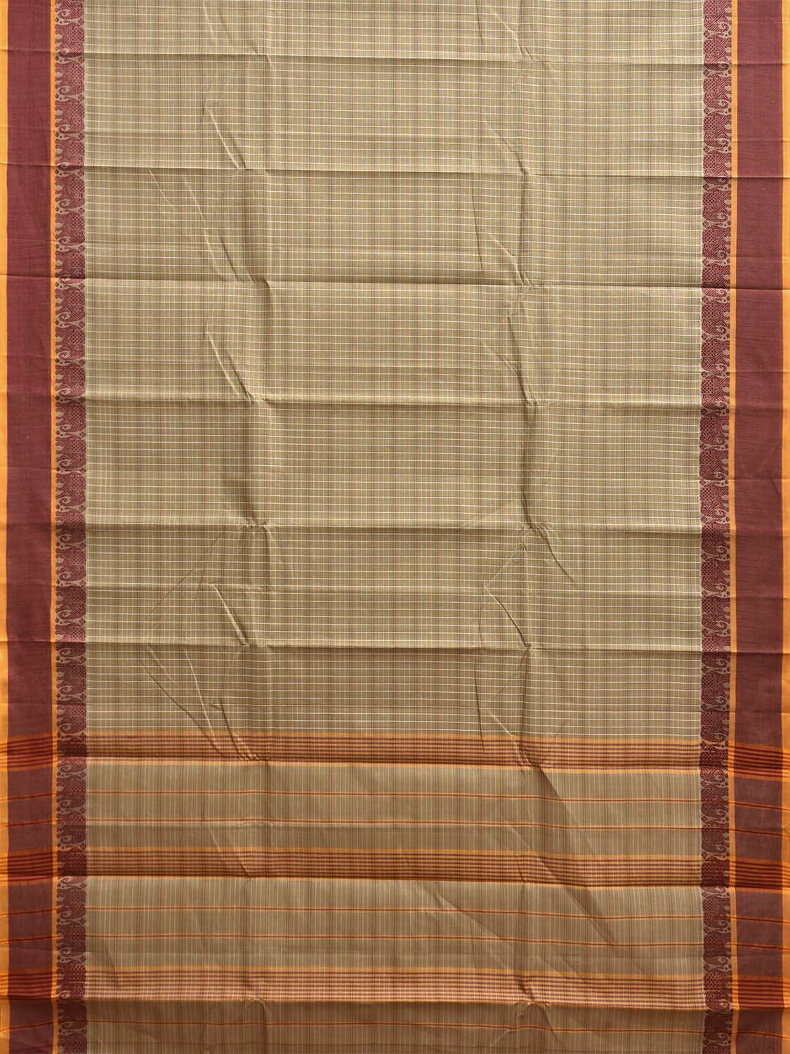 Cream and Maroon Narayanpet Cotton Handloom Saree with Strips and Elephant Border Design No Blouse np1250