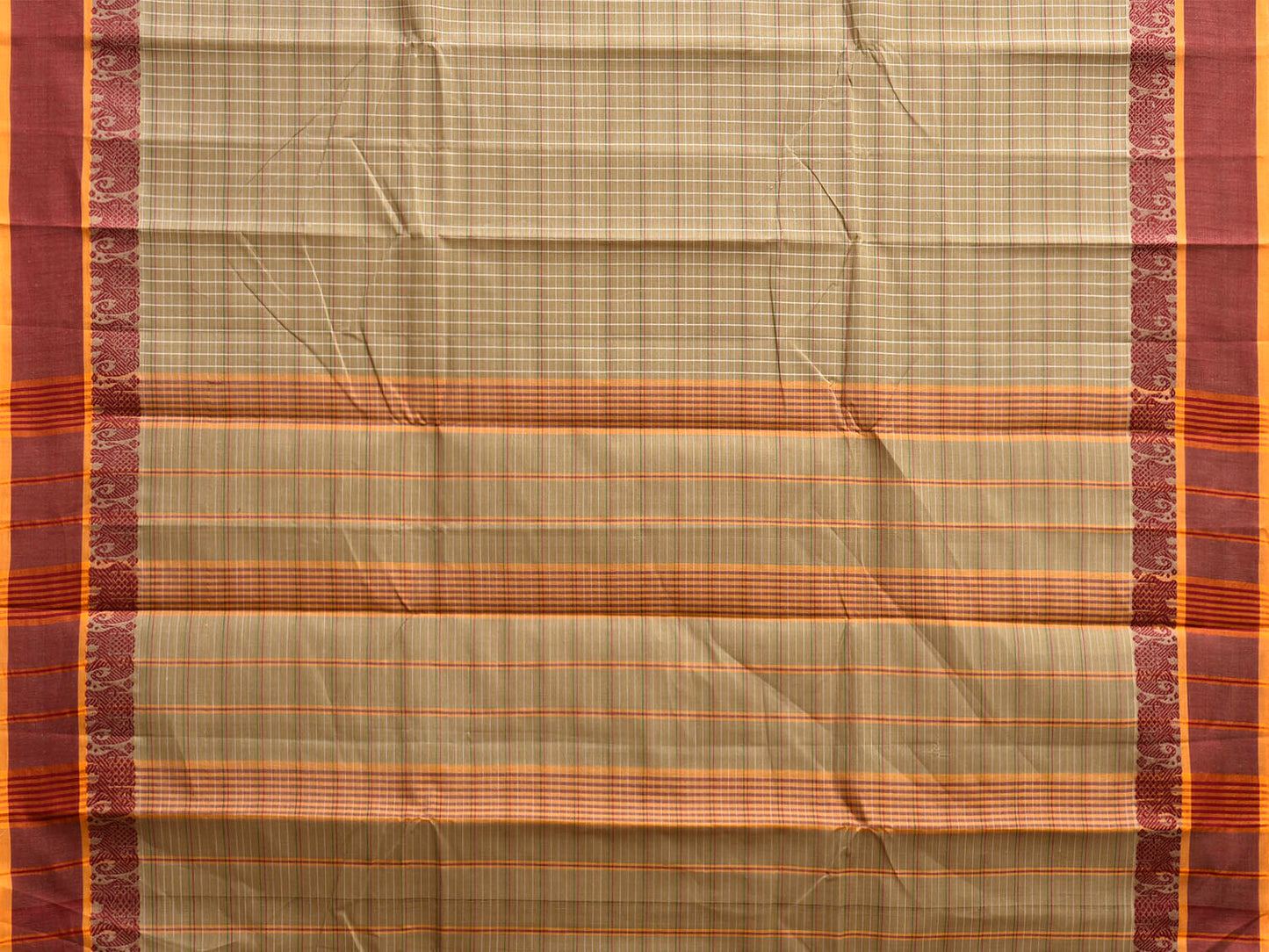 Cream and Maroon Narayanpet Cotton Handloom Saree with Strips and Elephant Border Design No Blouse np1250