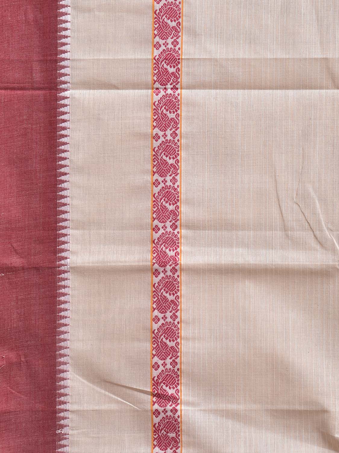 White and Light Red Narayanpet Cotton Handloom Saree with Strips Design No Blouse np1254