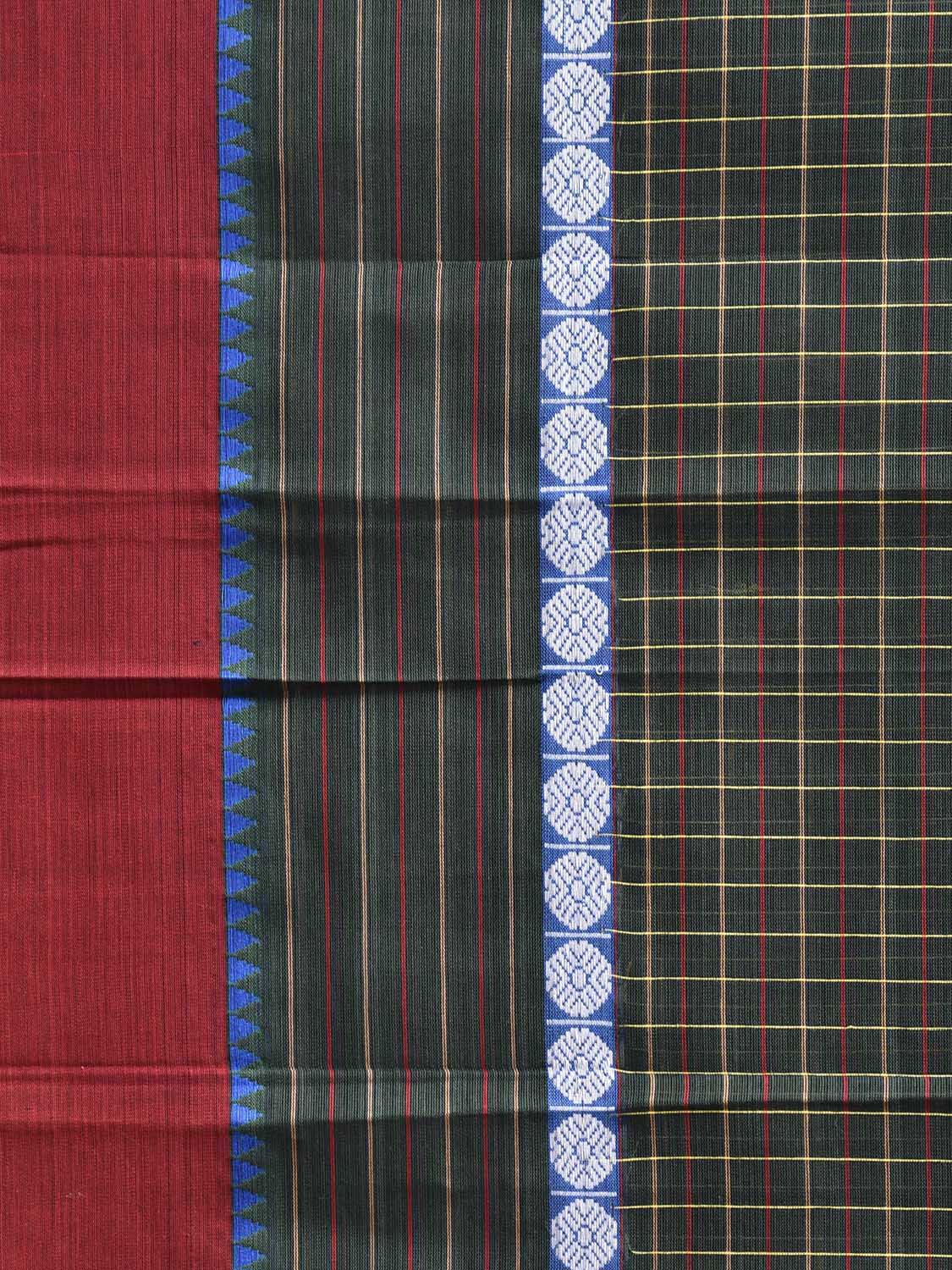 Dark Green and Red Narayanpet Cotton Handloom Saree with Checks Design No Blouse np1256