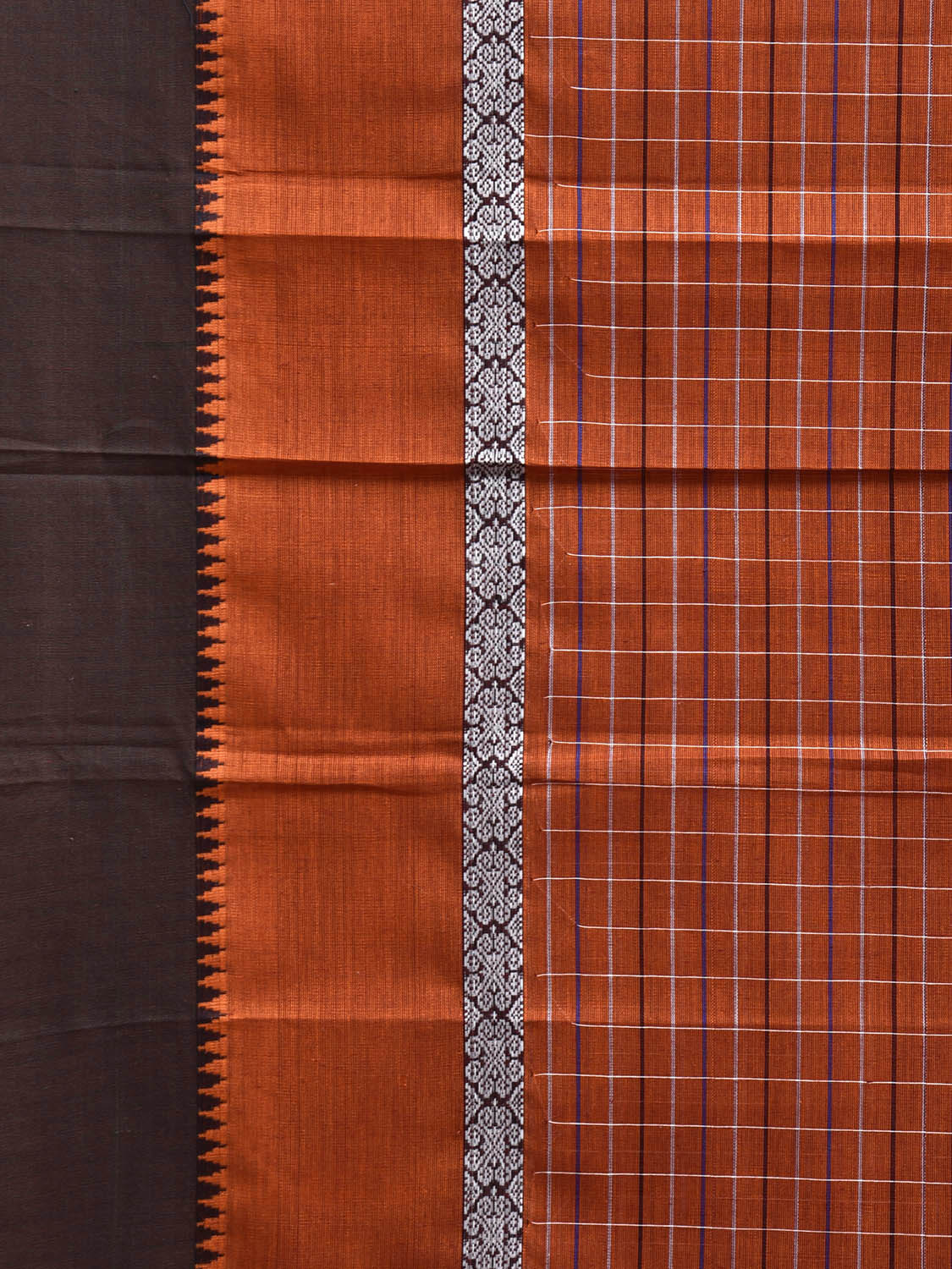 Orange and Black Narayanpet Cotton Handloom Saree with Checks and Big Border Design No Blouse np1258