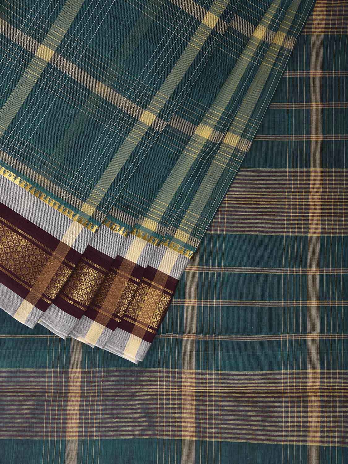 Teal and White Narayanpet Cotton Handloom Saree with Big Checks Design No Blouse np1260