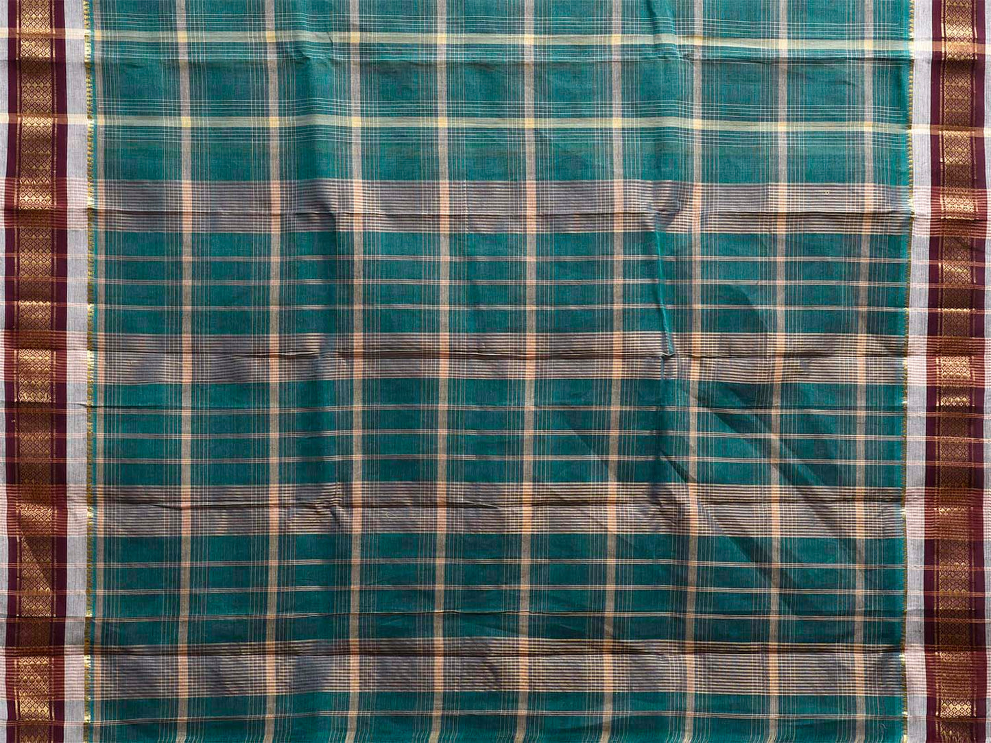 Teal and White Narayanpet Cotton Handloom Saree with Big Checks Design No Blouse np1260