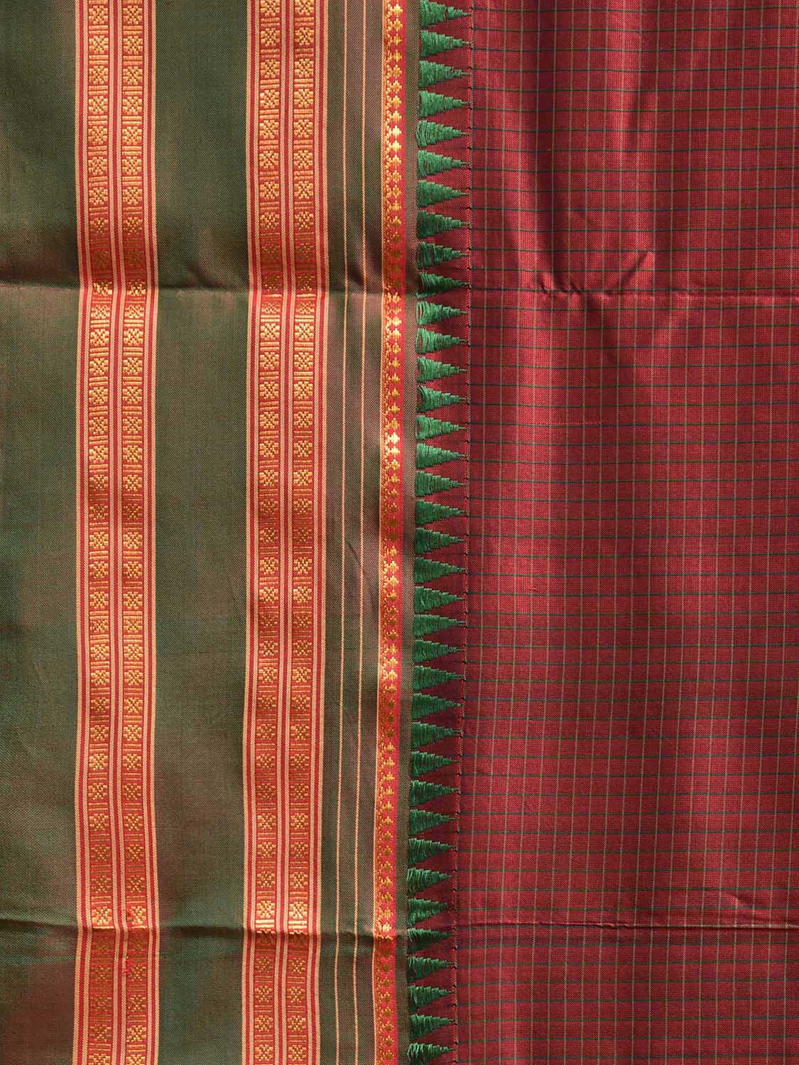 Dark Red and Green Narayanpet Silk Saree with Checks and Contrast Pallu Design No Blouse np1262