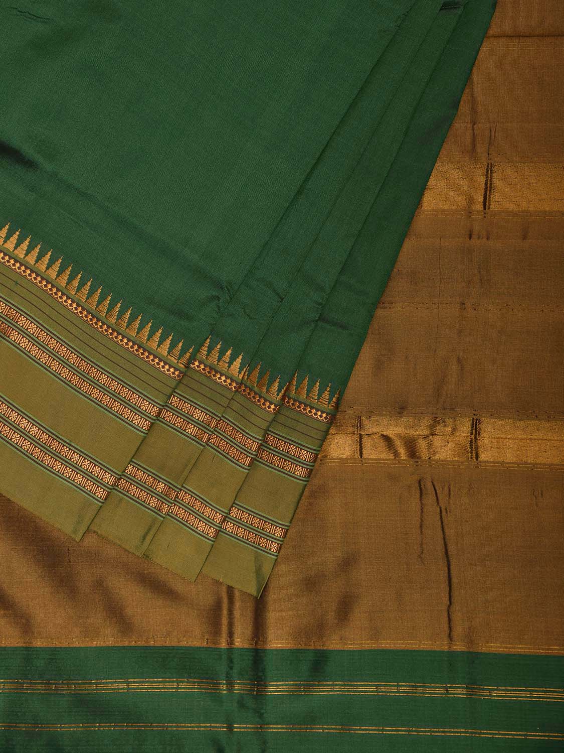 Green and Mustard Narayanpet Silk Plain Saree with Contrast Pallu Design No Blouse np1263
