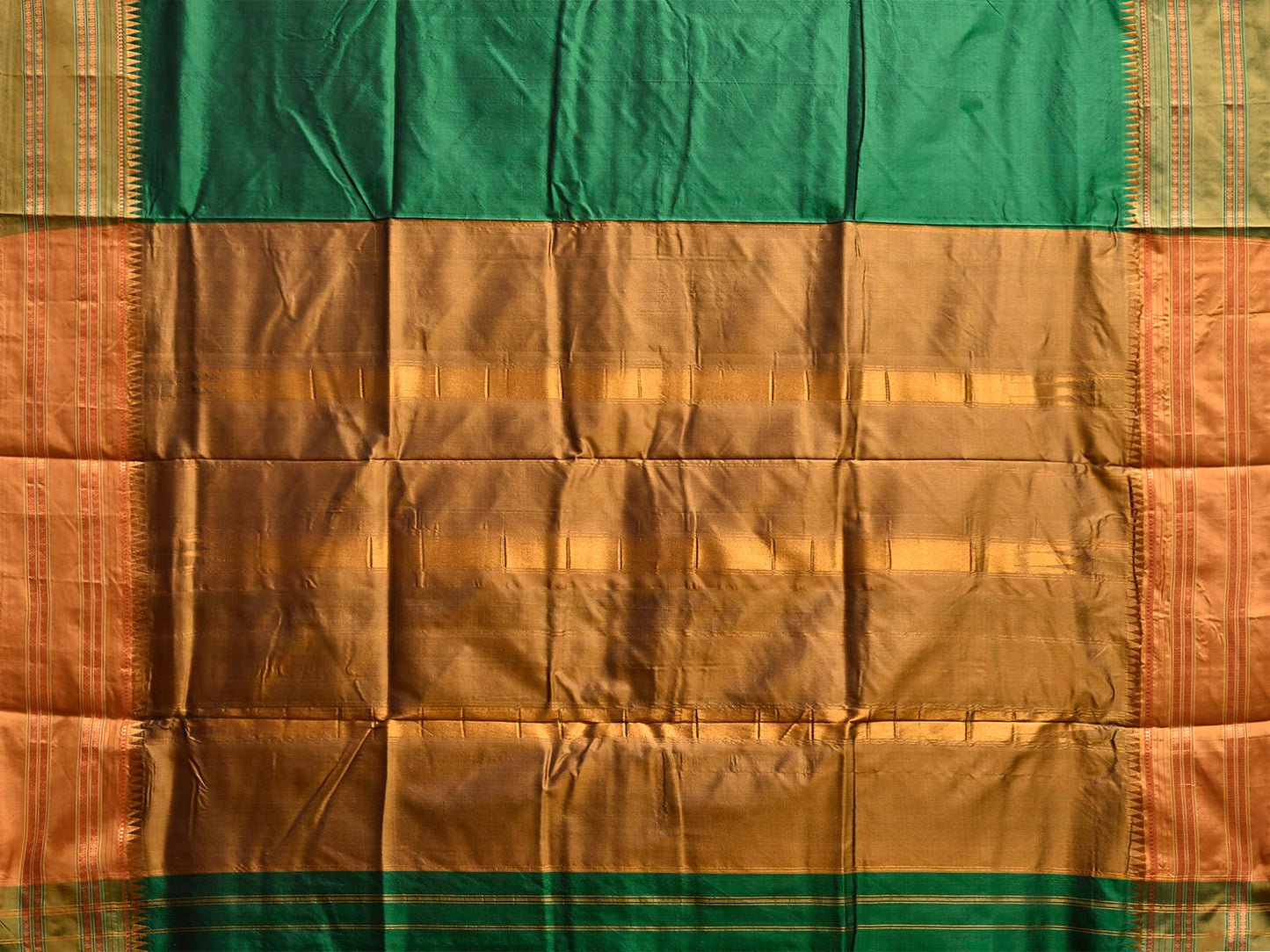 Green and Mustard Narayanpet Silk Plain Saree with Contrast Pallu Design No Blouse np1263