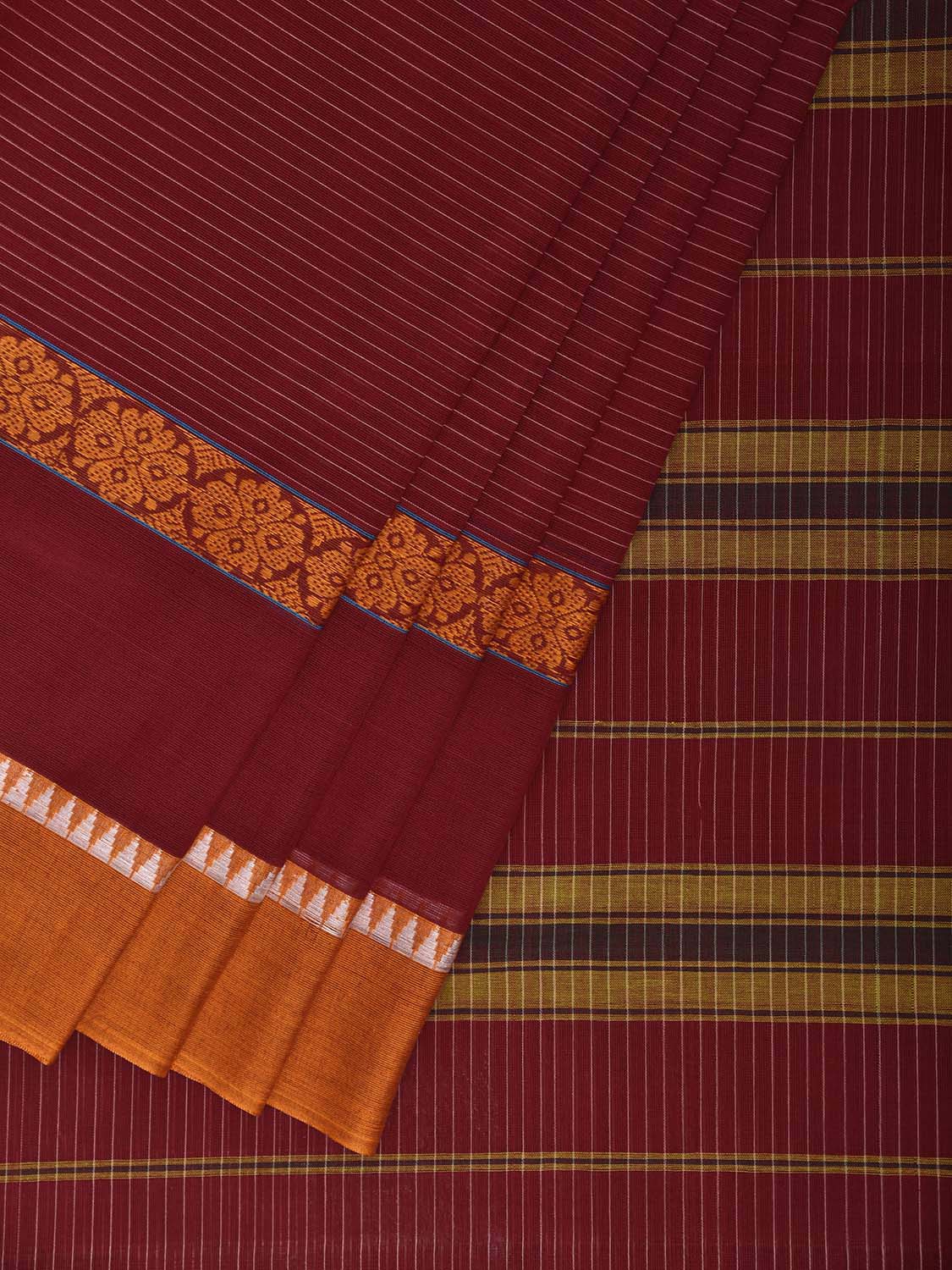 Maroon and Yellow Narayanpet Cotton Handloom Saree with Strips and Big Border Design No Blouse np1265