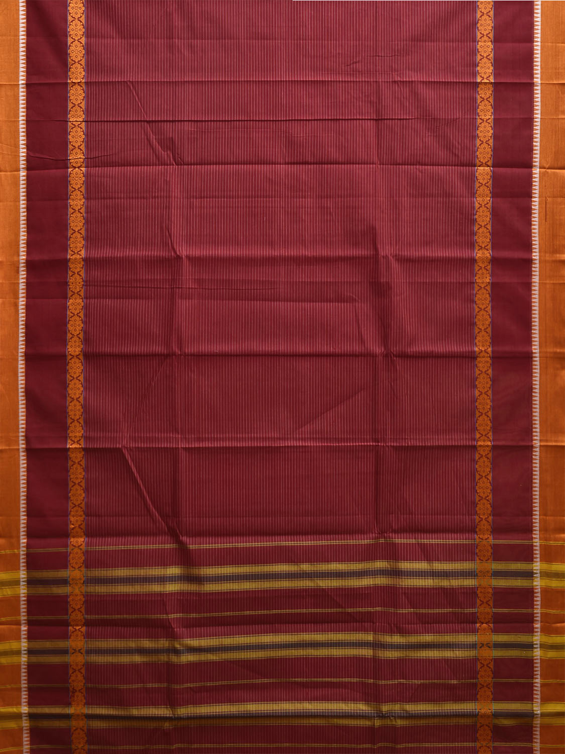 Maroon and Yellow Narayanpet Cotton Handloom Saree with Strips and Big Border Design No Blouse np1265