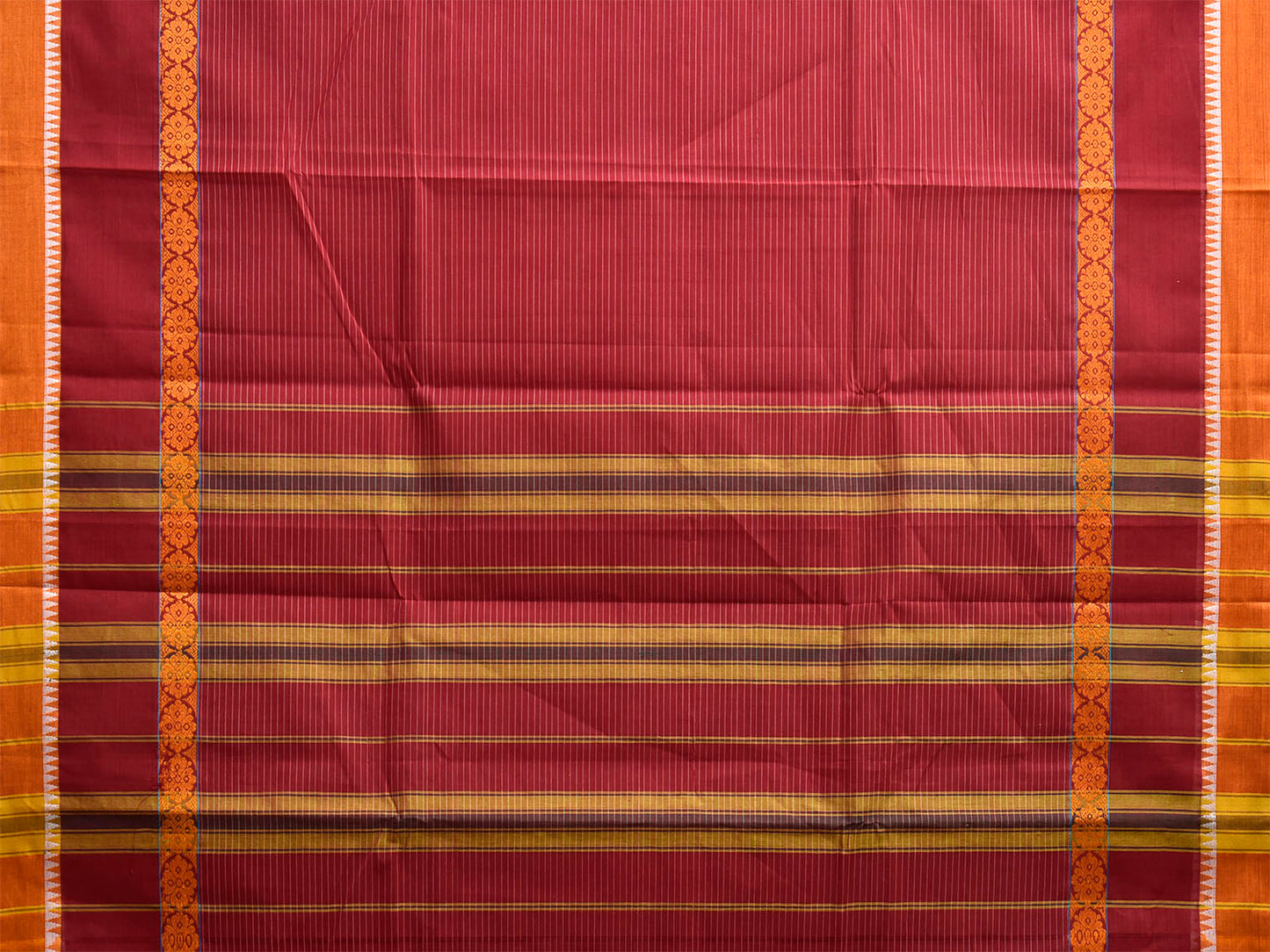 Maroon and Yellow Narayanpet Cotton Handloom Saree with Strips and Big Border Design No Blouse np1265