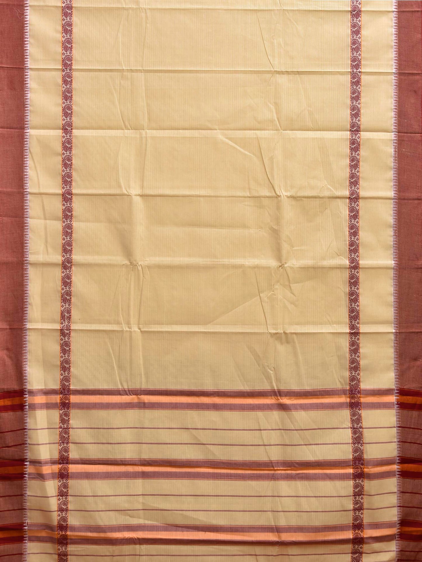 Beige and Maroon Narayanpet Cotton Handloom Saree with Strips and Big Border Design No Blouse np1267