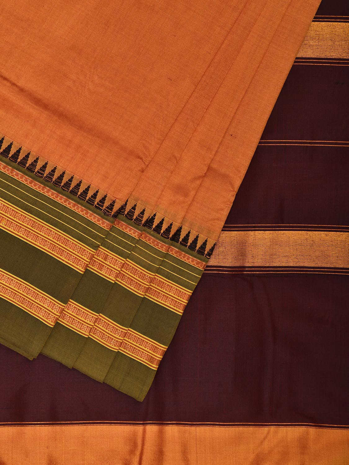 Orange and Brown Narayanpet Silk Handloom Plain Saree with Contrast Pallu Design No Blouse np1269