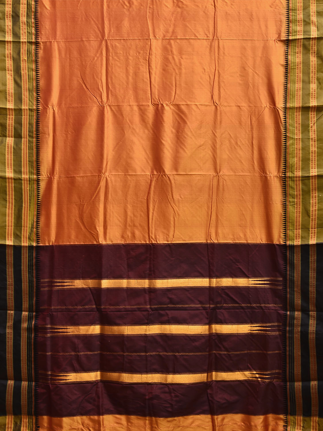 Orange and Brown Narayanpet Silk Handloom Plain Saree with Contrast Pallu Design No Blouse np1269