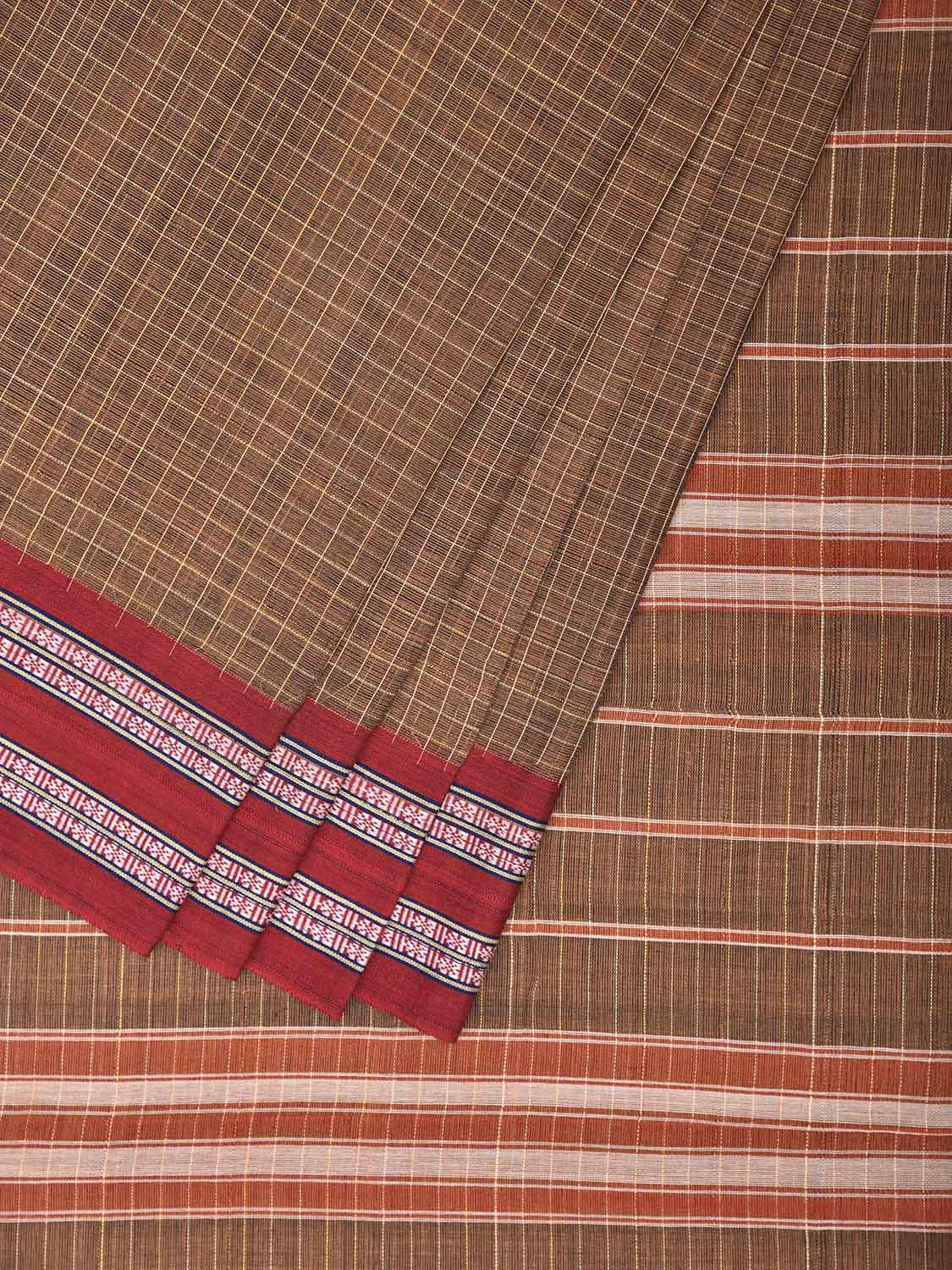 Fawn and Red Narayanpet Cotton Handloom Saree with Checks Design No Blouse np1285