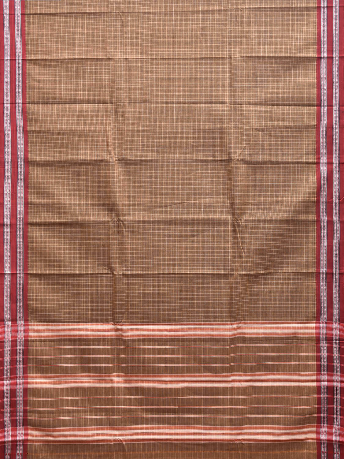 Fawn and Red Narayanpet Cotton Handloom Saree with Checks Design No Blouse np1285